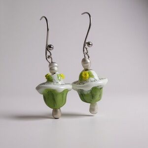 Handcrafted Green And White Lampwork Glass Earrings